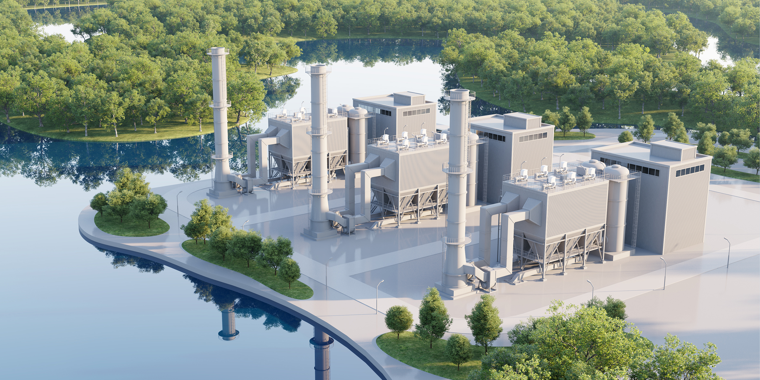 Modern power plant equipped with Electrostatic Precipitators (ESPs) for eco-friendly air pollution control, located in a green environment by a lake