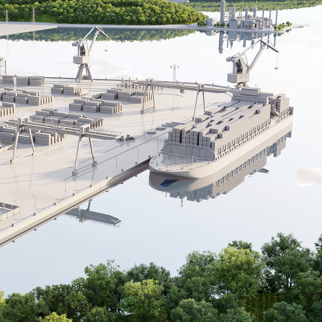 Marine port with cargo ship and cranes utilizing KraftPowercon marine rectifiers for ballast water management systems