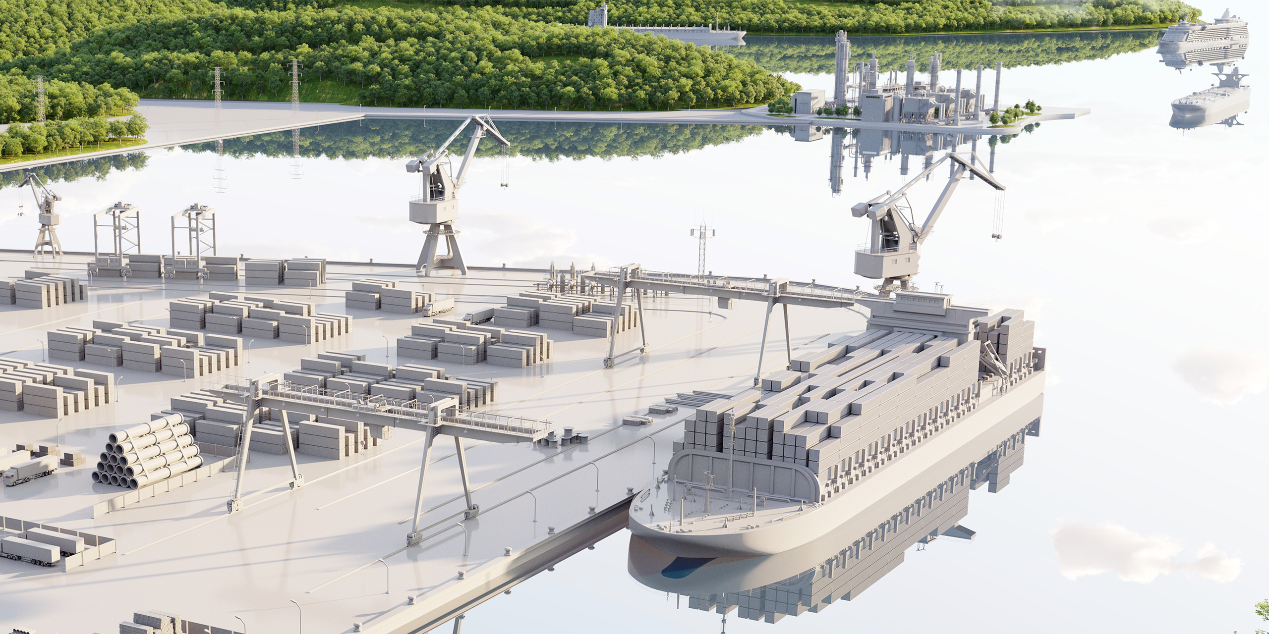 Marine port with cargo ship and cranes utilizing KraftPowercon marine rectifiers for ballast water management systems