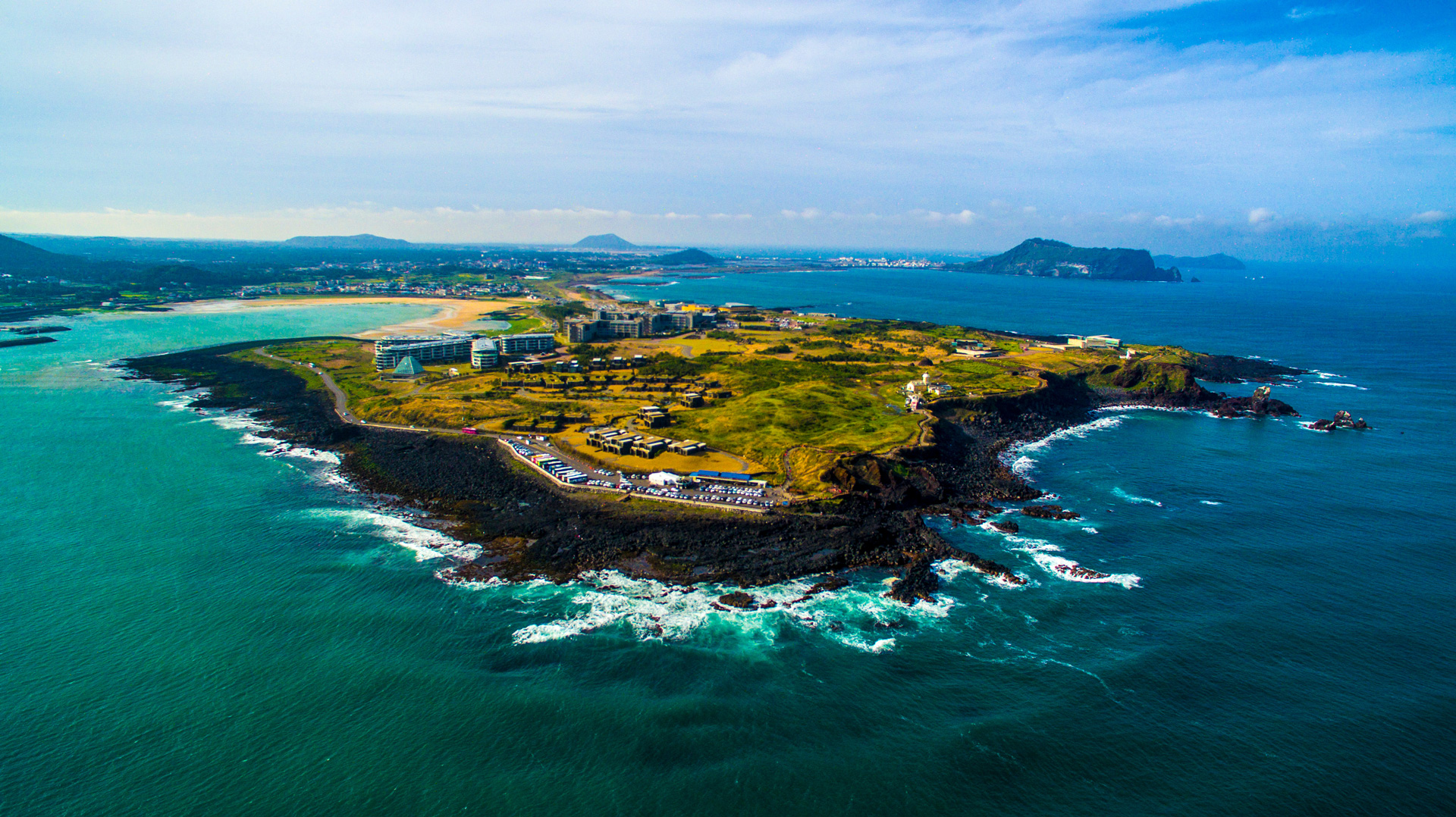 Aerial view of Jeju Island coastline, a key site for renewable-powered hydrogen production in South Korea
